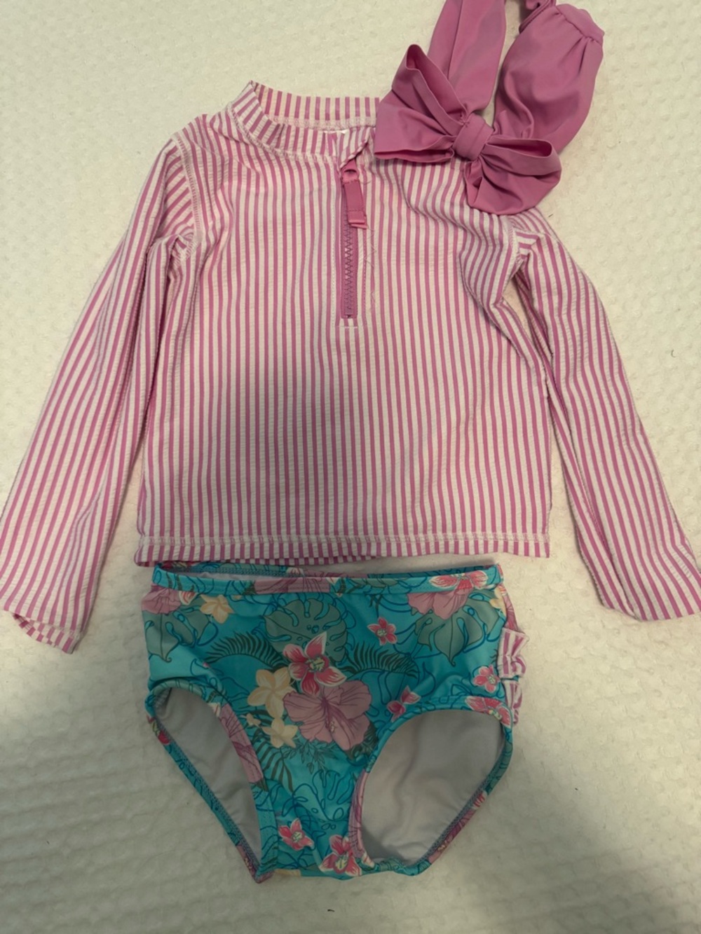 RuffleButts Girls Swim Set Rash Guard Bikini Headband 3T Pink Stripe Floral